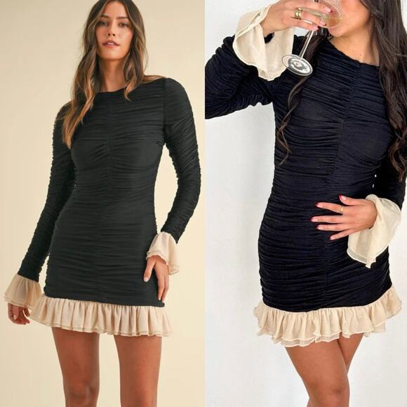 NWT Rotate Birger Christensen Ruched Long Sleeve Mini Dress Black Party Size 4 - Picture 12 of 16